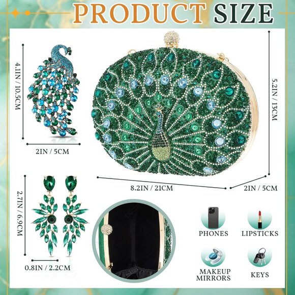 Evening Clutch Purse Set Crystal Peacock Jewelry Gift for Women - Picture 2 of 6